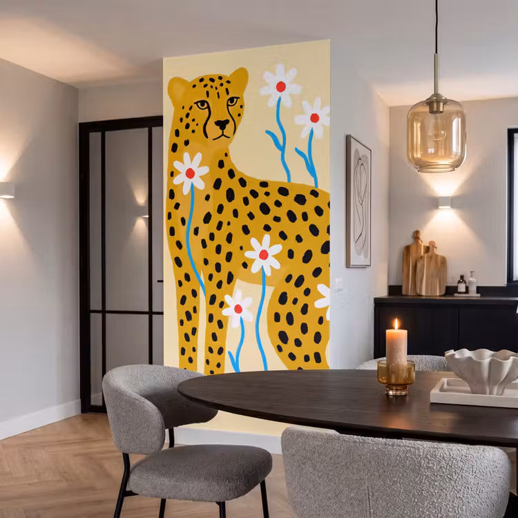 Behang - Dieren - Jachtluipaard - Bloemen - Modern - Geel — 5