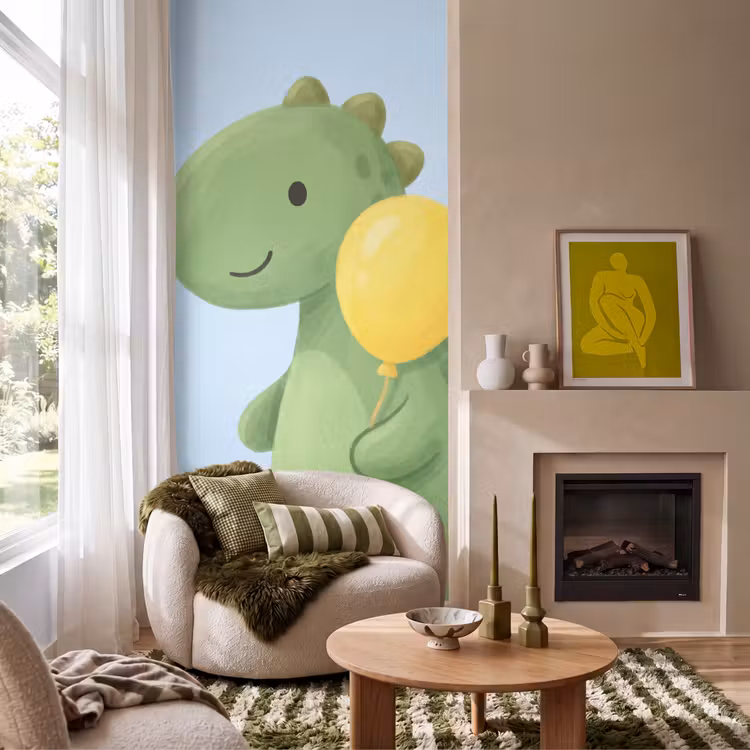 Behang - Dinosaurus - Ballon - Kinderkamer - Illustratie - Groen — 1