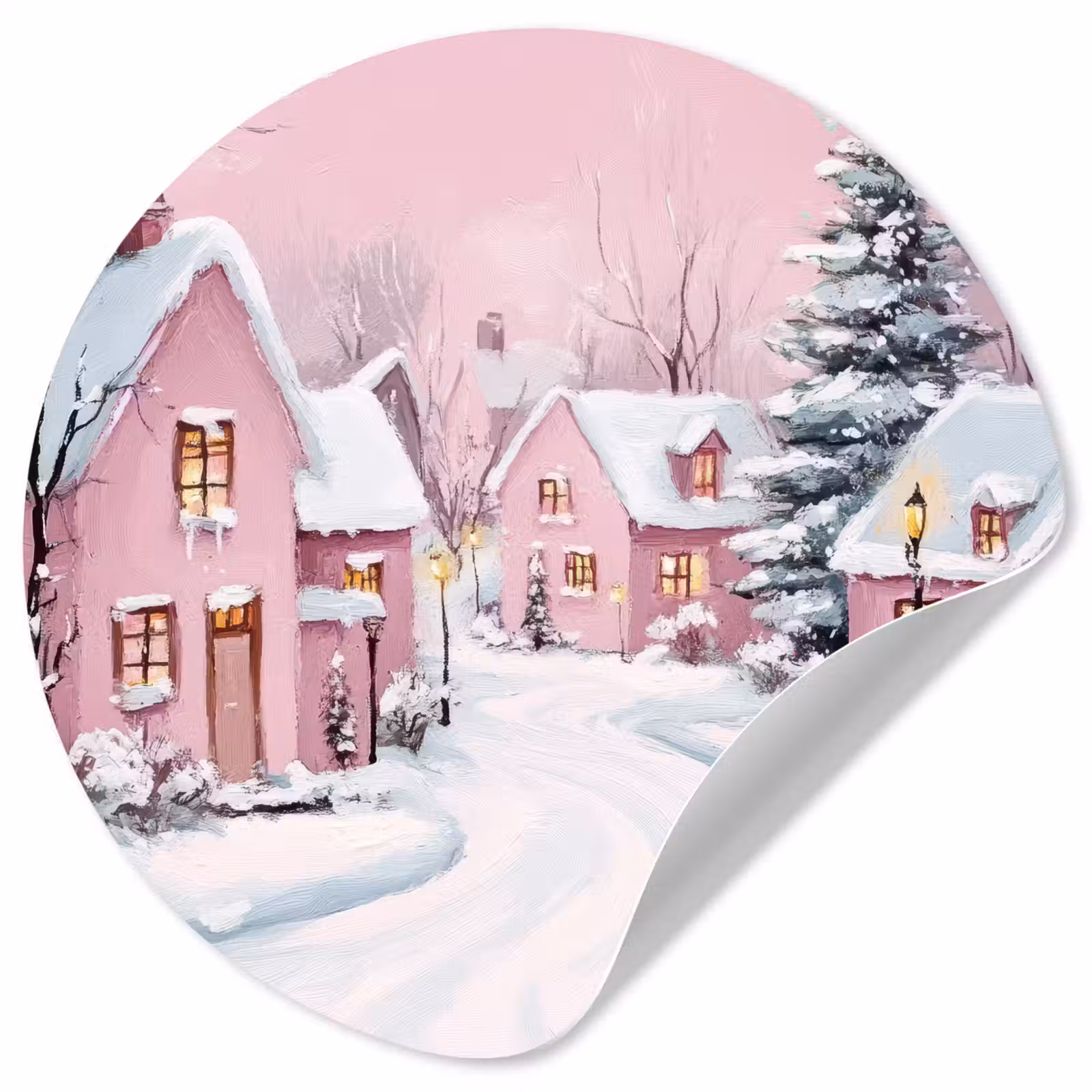 Behangcirkel - Kerstdorp - Roze - Winter - Sneeuw - Huizen — 1