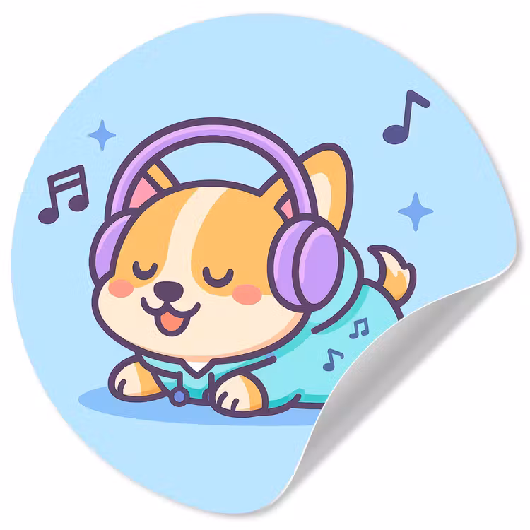 Behangcirkel - Corgi - Koptelefoon - Blauw - Muzieknoten — 1