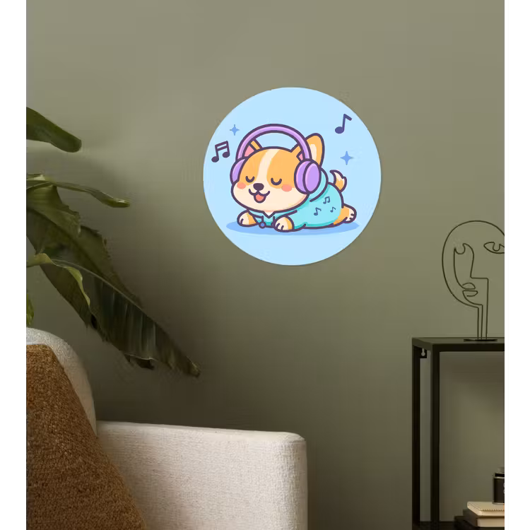 Behangcirkel - Corgi - Koptelefoon - Blauw - Muzieknoten — 3