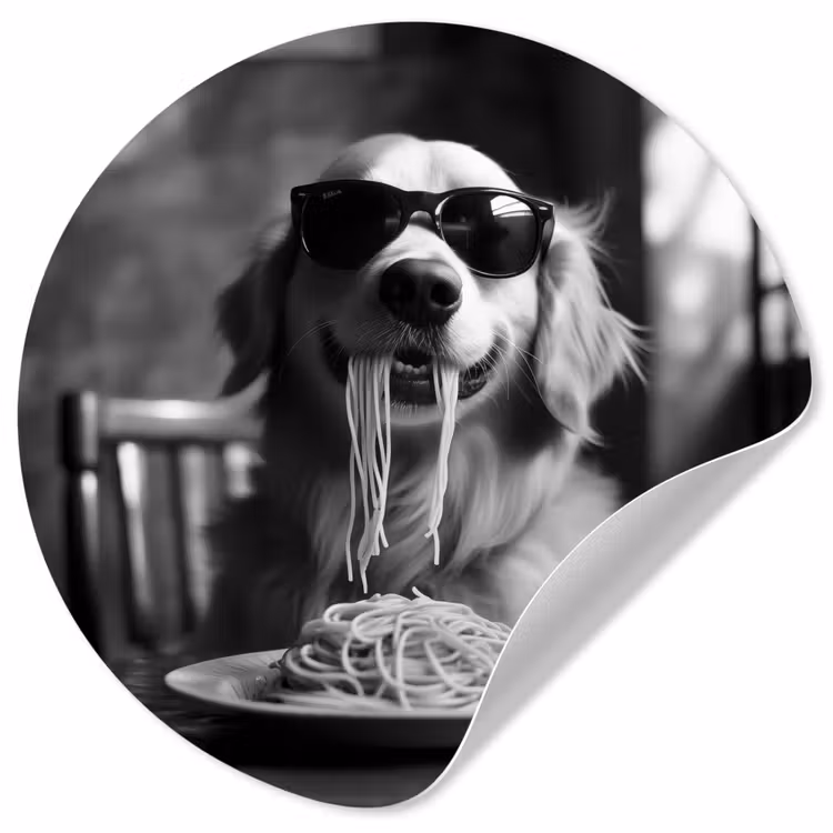 Behangcirkel - Golden Retriever - Hond - Vrolijk - Bord spaghetti - Zwart - wit — 1