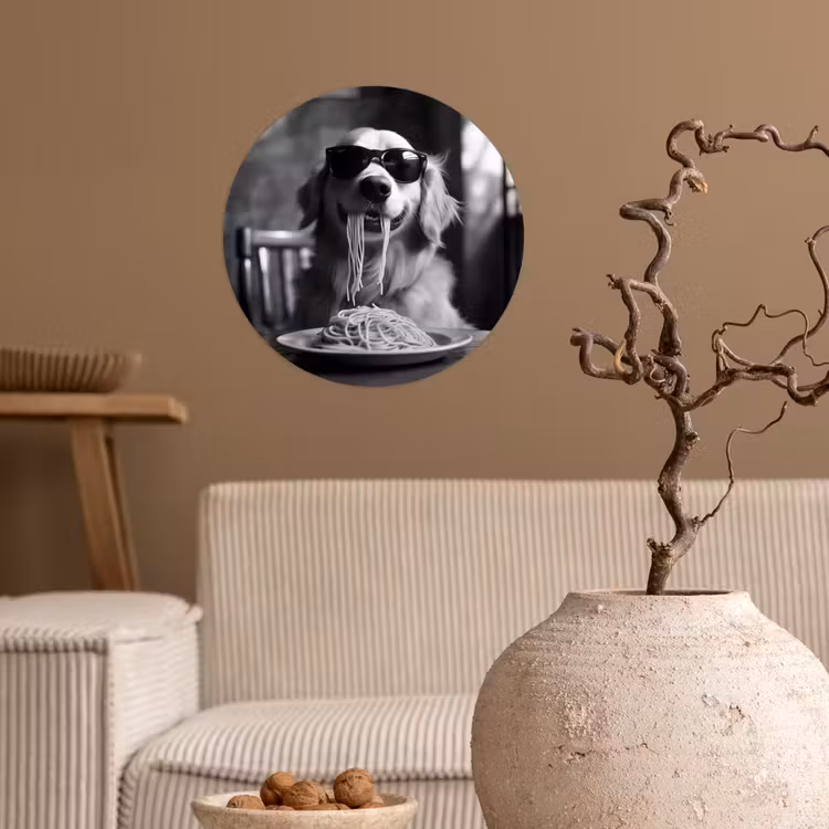 Behangcirkel - Golden Retriever - Hond - Vrolijk - Bord spaghetti - Zwart - wit — 2