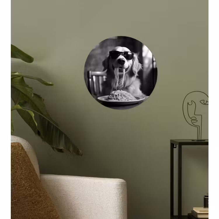 Behangcirkel - Golden Retriever - Hond - Vrolijk - Bord spaghetti - Zwart - wit — 3