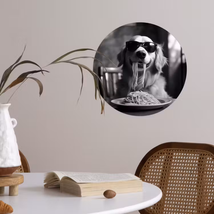 Behangcirkel - Golden Retriever - Hond - Vrolijk - Bord spaghetti - Zwart - wit — 4
