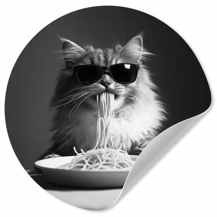 Behangcirkel - Langharige kat - Zonnebril - Spaghetti - Humor - Zwart - wit — 1