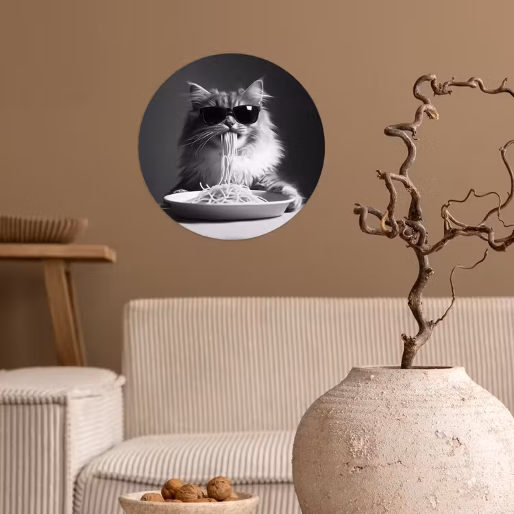 Behangcirkel - Langharige kat - Zonnebril - Spaghetti - Humor - Zwart - wit — 2