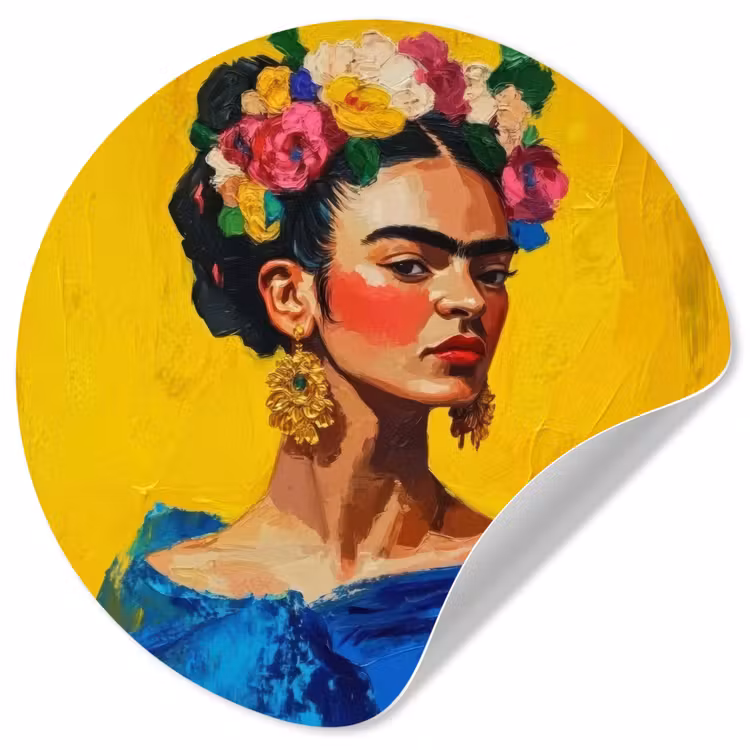 Behangcirkel - Frida Kahlo - Vrouw - Geel - Blauw - Bloemen — 1