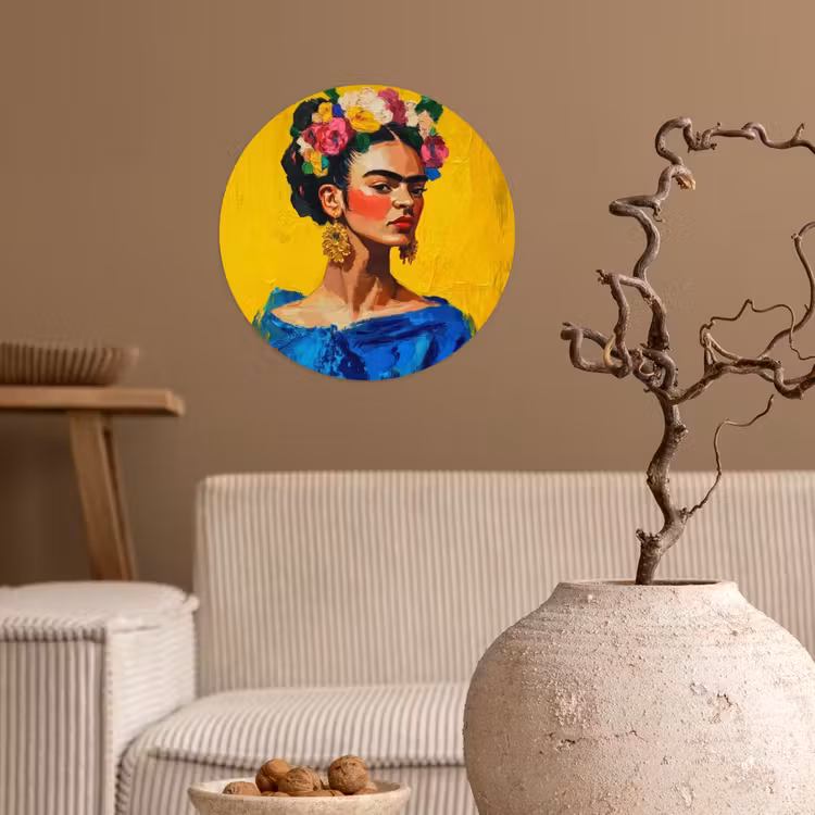 Behangcirkel - Frida Kahlo - Vrouw - Geel - Blauw - Bloemen — 2