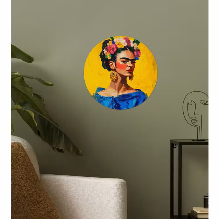 Behangcirkel - Frida Kahlo - Vrouw - Geel - Blauw - Bloemen — 3