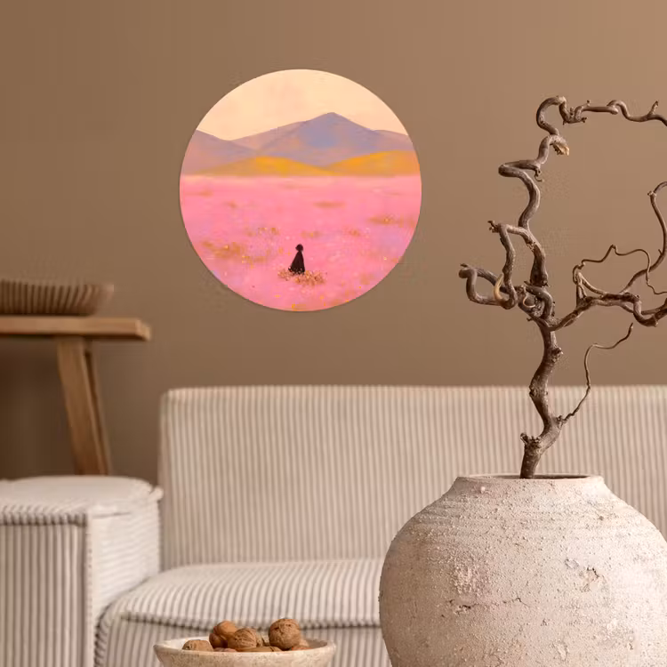 Behangcirkel - Bloemenweide - Heuvels - Silhouet - Roze — 2