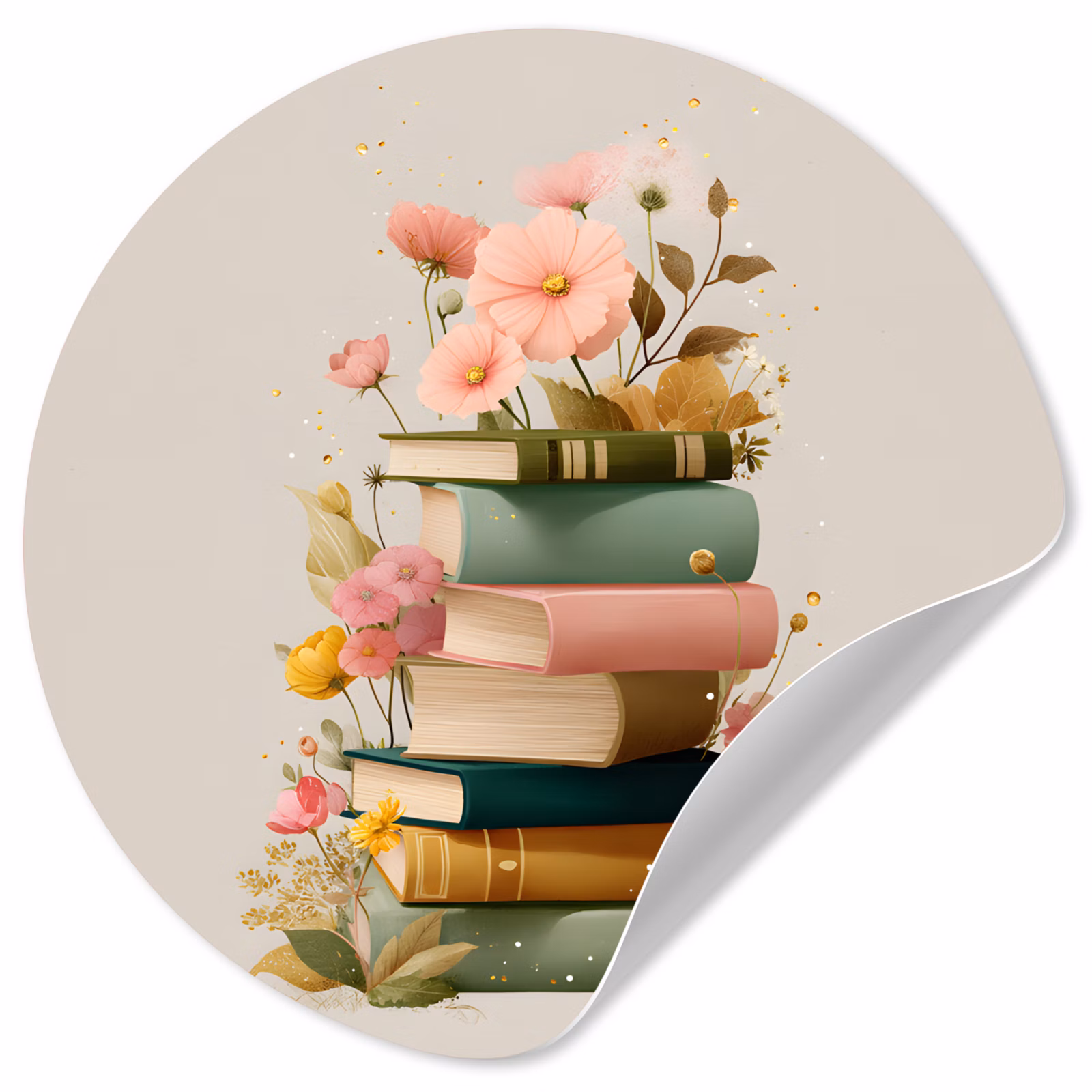 Behangcirkel - Boeken - Stapel - Bloemen - Kleurrijk — 1