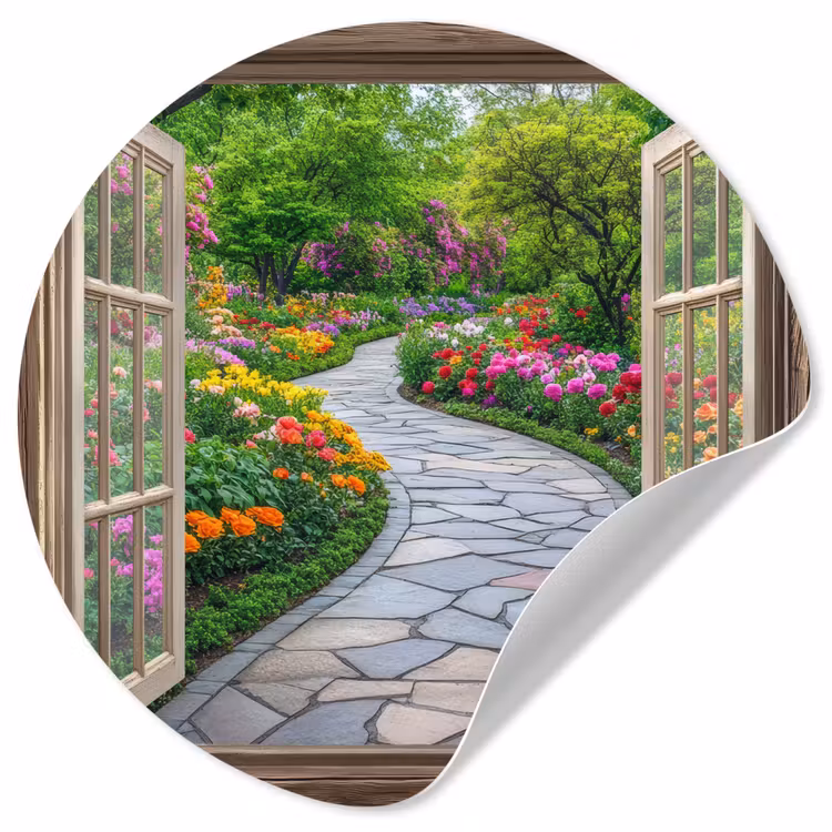 Behangcirkel - Doorkijk - Bloemen - Tuinpad - Natuur - Raam — 1