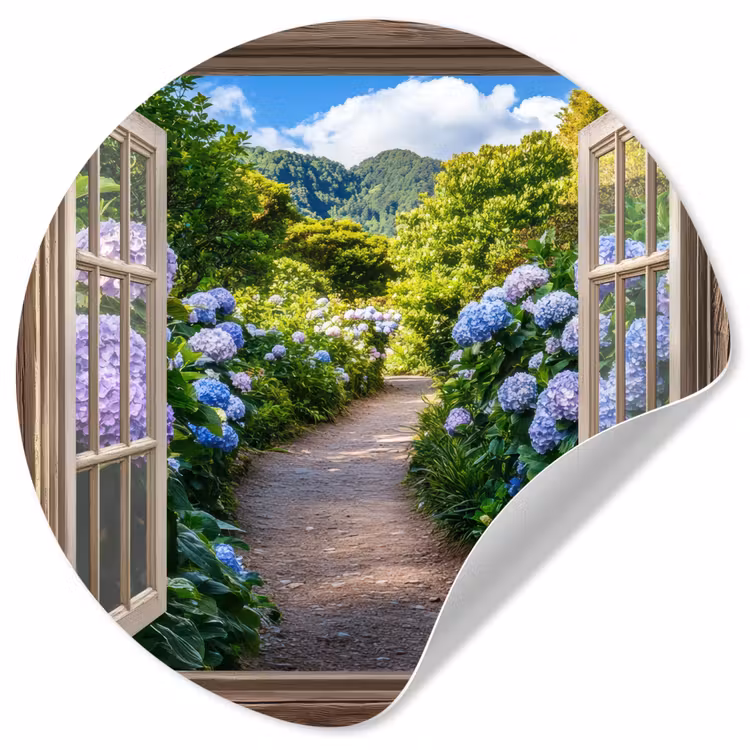 Behangcirkel - Doorkijk - Hortensia - Pad - Natuur — 1