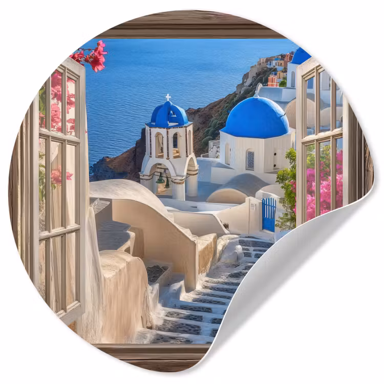 Behangcirkel - Doorkijk - Santorini - Landschap - Blauw - Grieks — 1