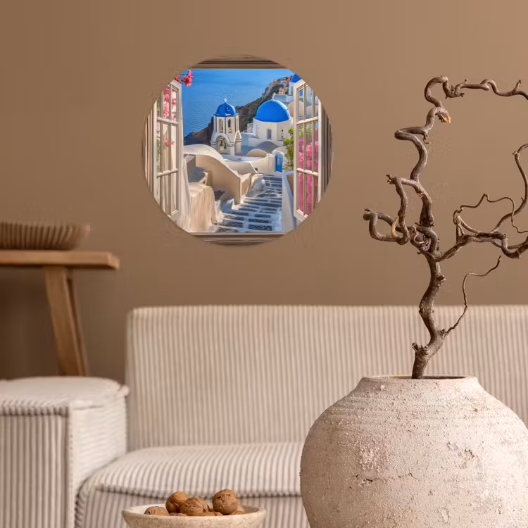 Behangcirkel - Doorkijk - Santorini - Landschap - Blauw - Grieks — 2