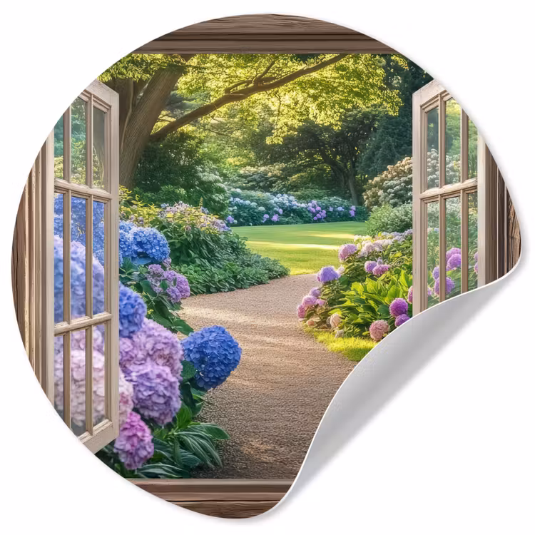 Behangcirkel - Doorkijk - Tuin - Raam - Hortensia - Bloemen — 1