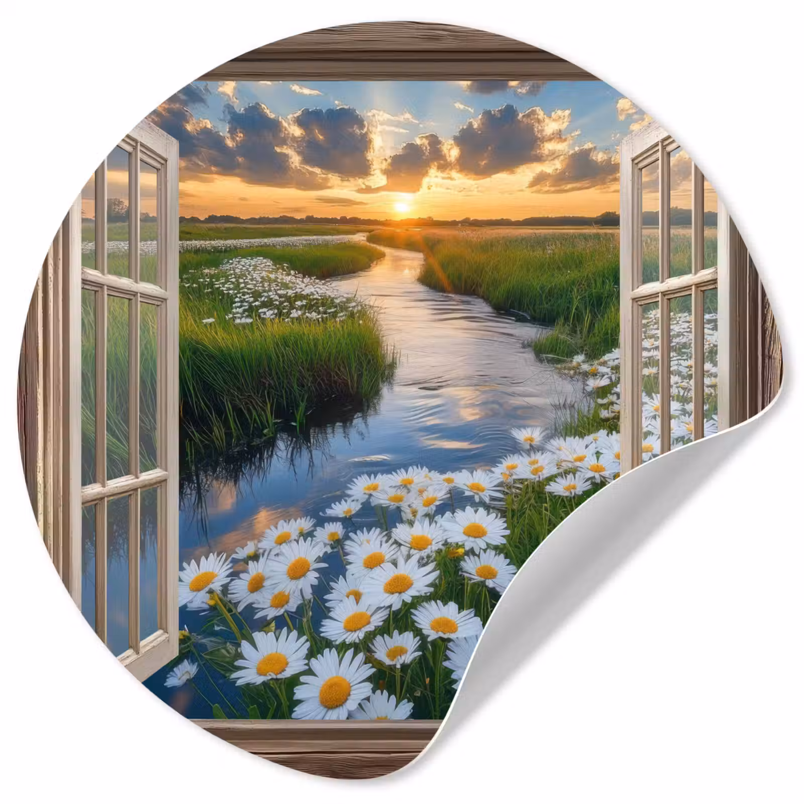 Behangcirkel - Doorkijk - Landschap - Raam - Water - Zonsondergang — 1