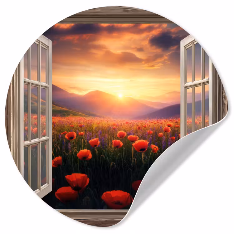 Behangcirkel - Doorkijk - Klaprozen - Bloemen - Rood - Open raam — 1