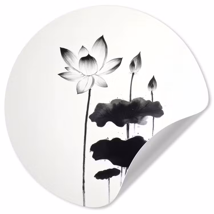 Behangcirkel - Bladeren - Zwart - Lotusbloem - Minimalitisch — 1