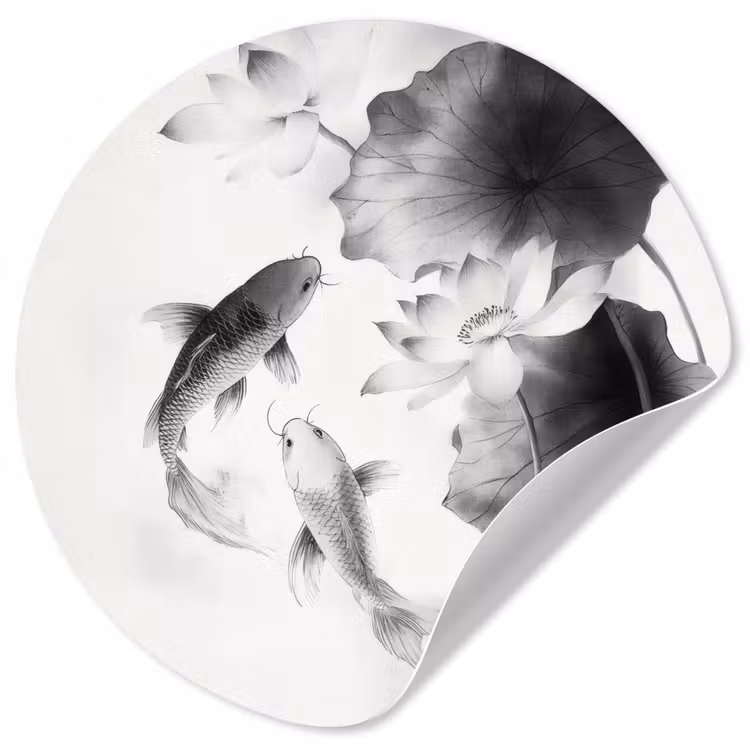 Behangcirkel - Lotusbloemen - Vissen - Bladeren - Zwart — 1