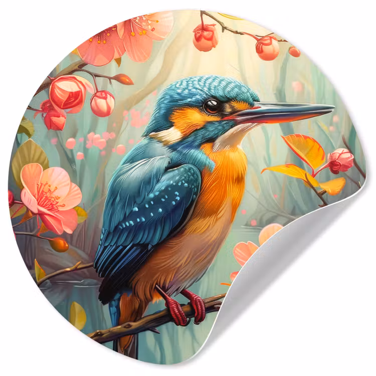 Behangcirkel - IJsvogel - Bloesem - Natuur - Vogels - Bloemen — 1
