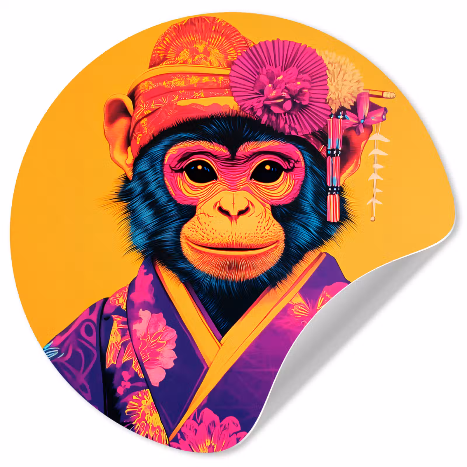 Behangcirkel - Aap - Kimono - Bloemen - Hoofdtooi — 1