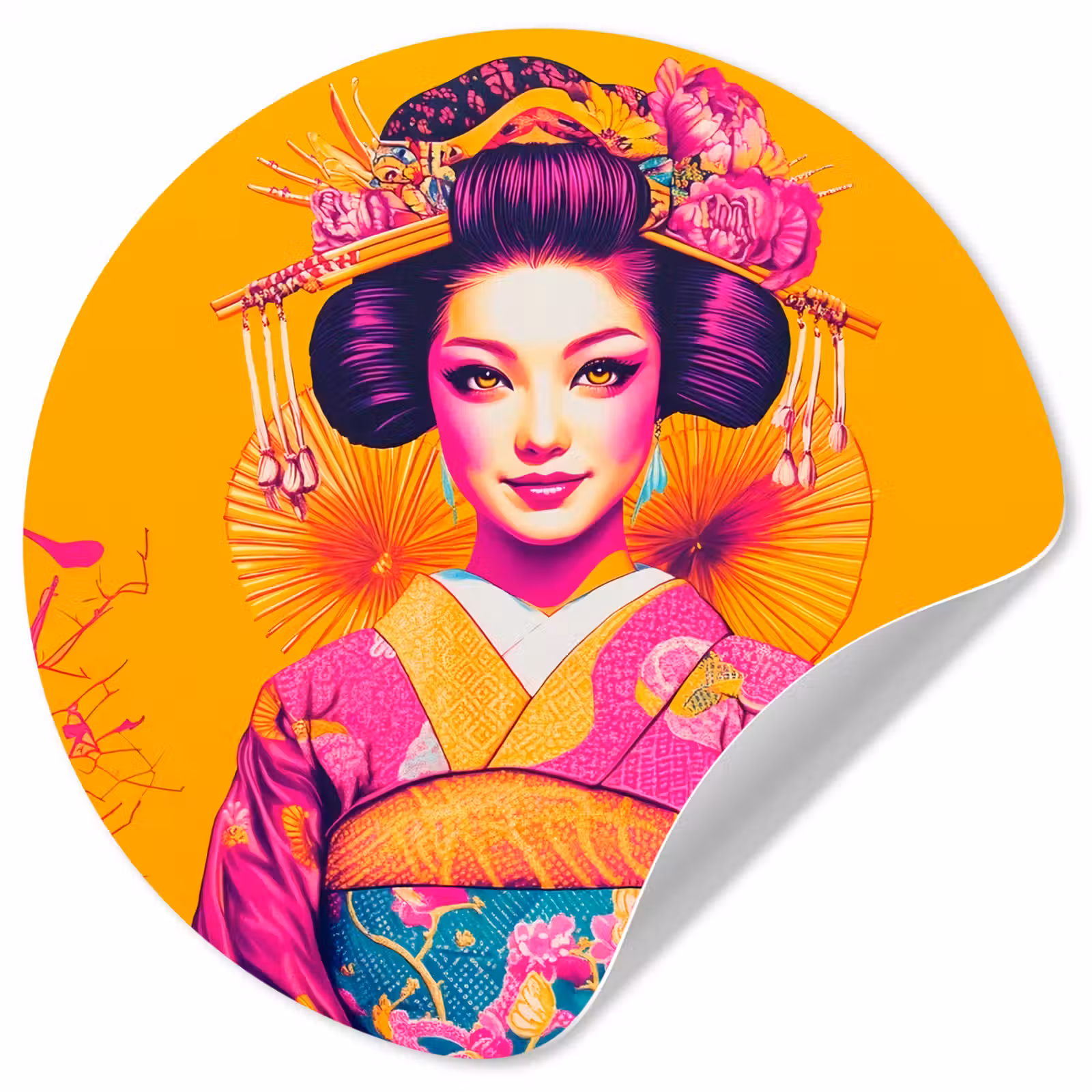 Behangcirkel - Bloemen - Vrouw - Kimono - Roze — 1
