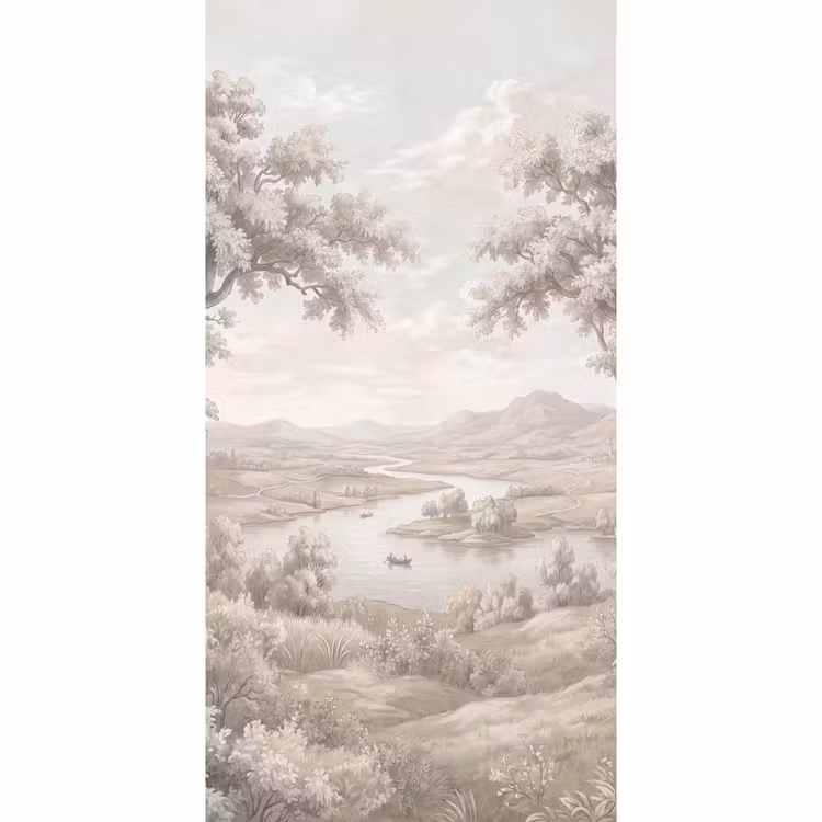 Behang - Rivierlandschap - Bergen - Natuur - Vintage - Beige — 2