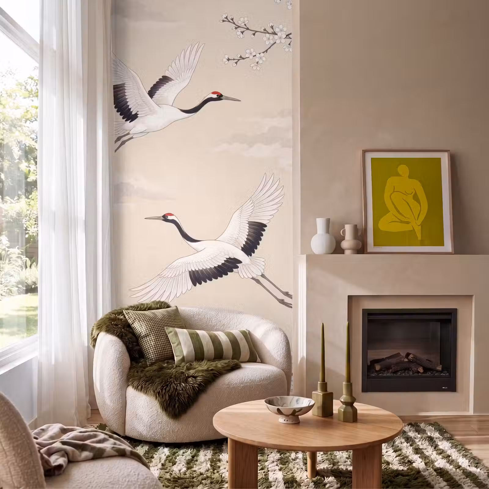 Behang - Kraanvogels - Bloesem - Beige — 1
