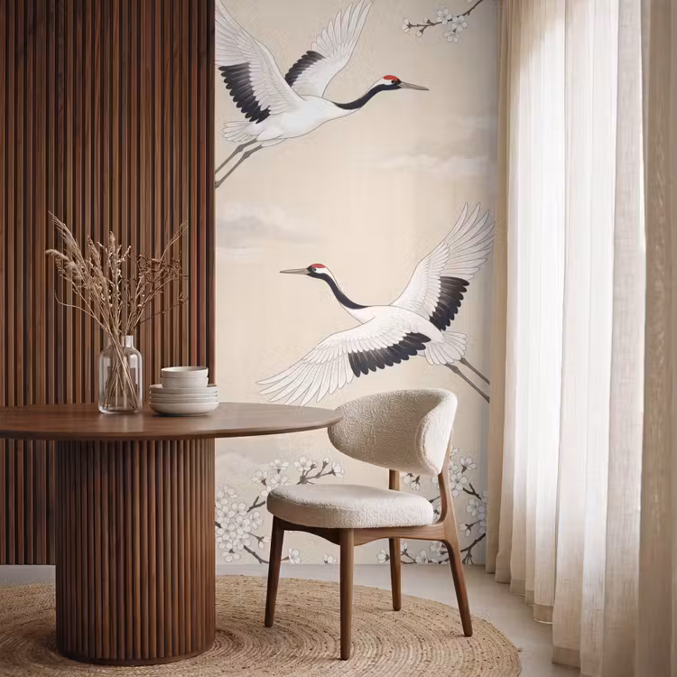 Behang - Kraanvogels - Bloesem - Beige — 4