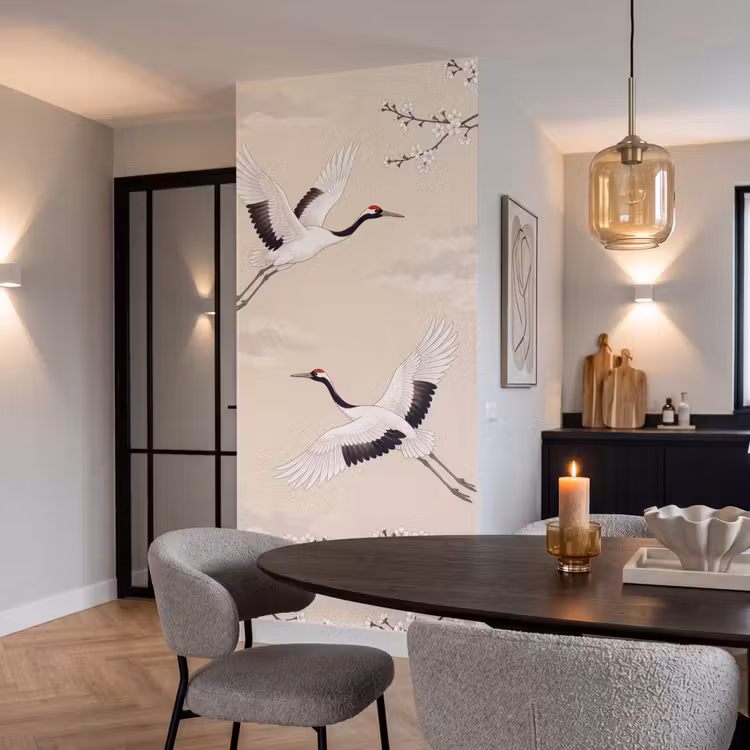 Behang - Kraanvogels - Bloesem - Beige — 5