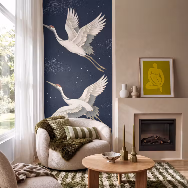 Behang - Kraanvogels - Nachthemel - Blauw — 1