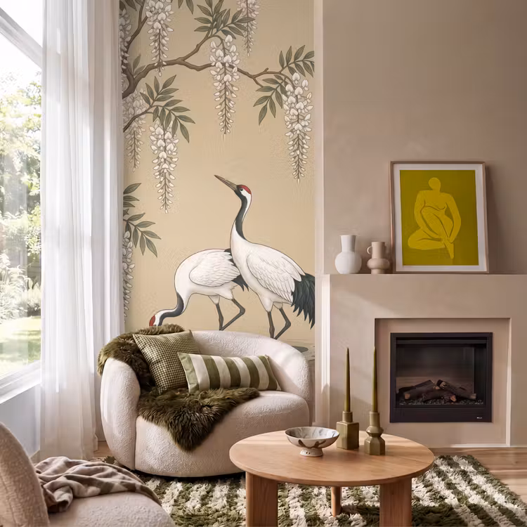 Behang - Kraanvogels - Water - Beige — 1