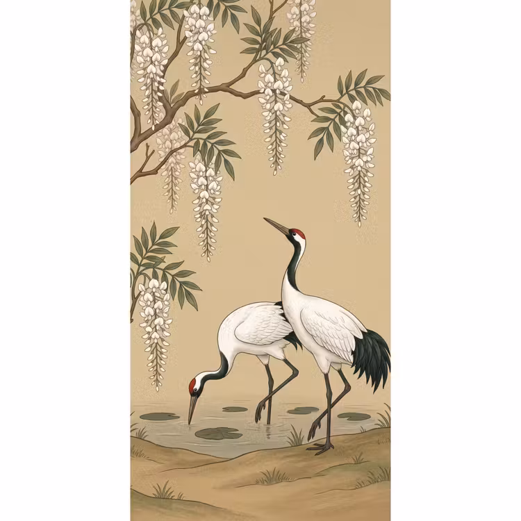 Behang - Kraanvogels - Water - Beige — 2