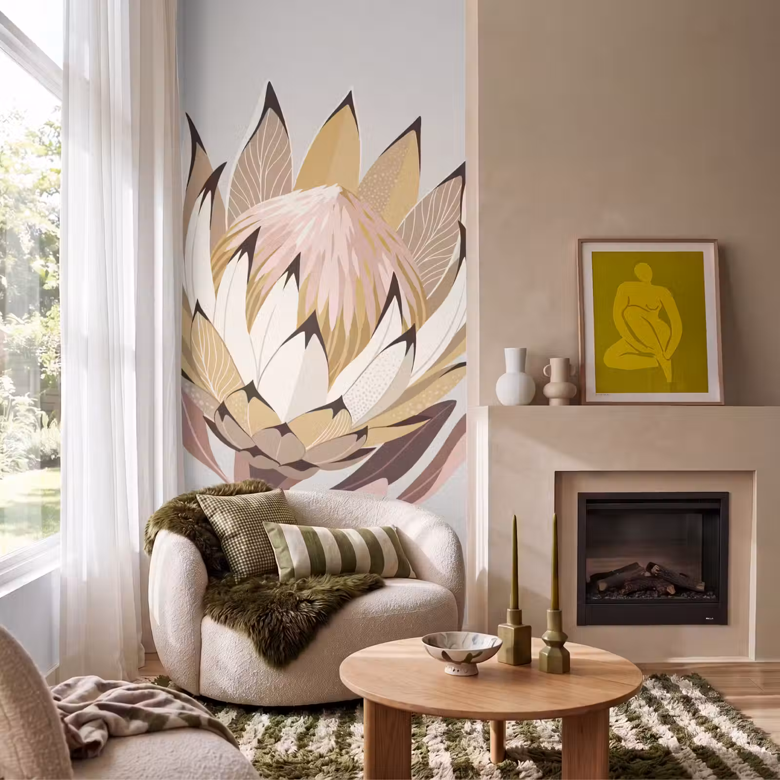 Behang - Protea - Bloem - Botanisch - Beige — 1