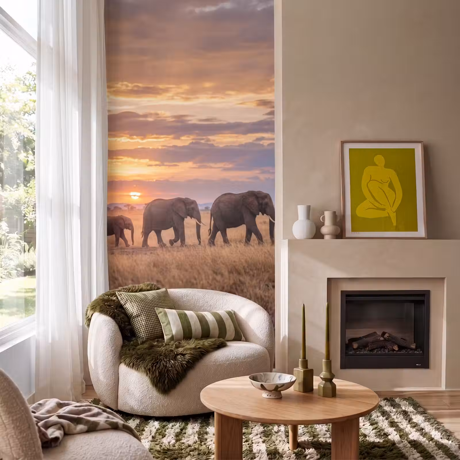 Behang - Olifanten - Savanne - Zonsondergang - Afrika - Warm — 1