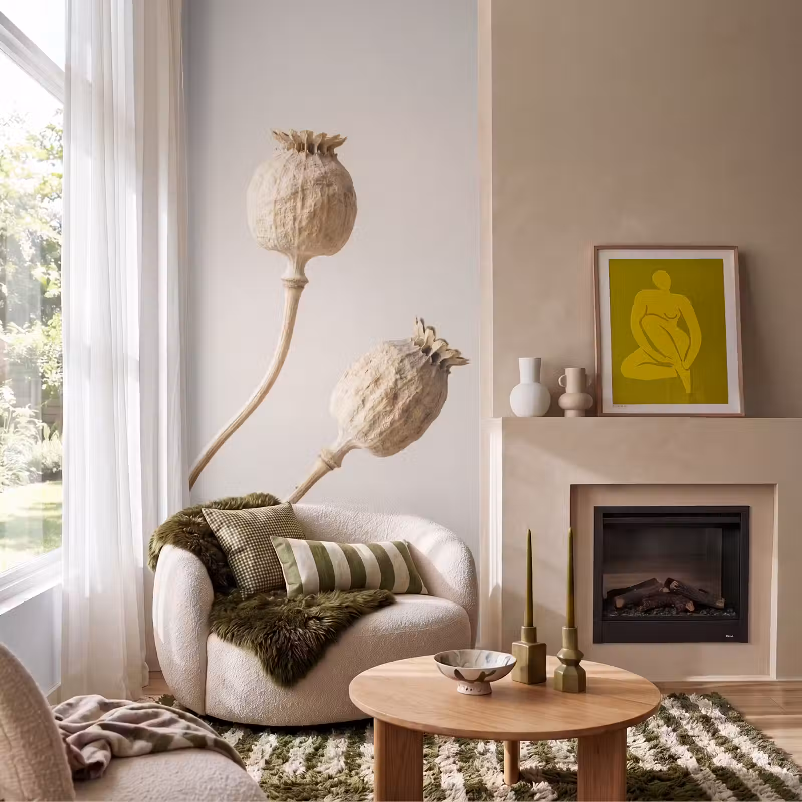 Behang - Papaverbollen - Droogbloemen - Minimalistisch - Beige - Rustig — 1
