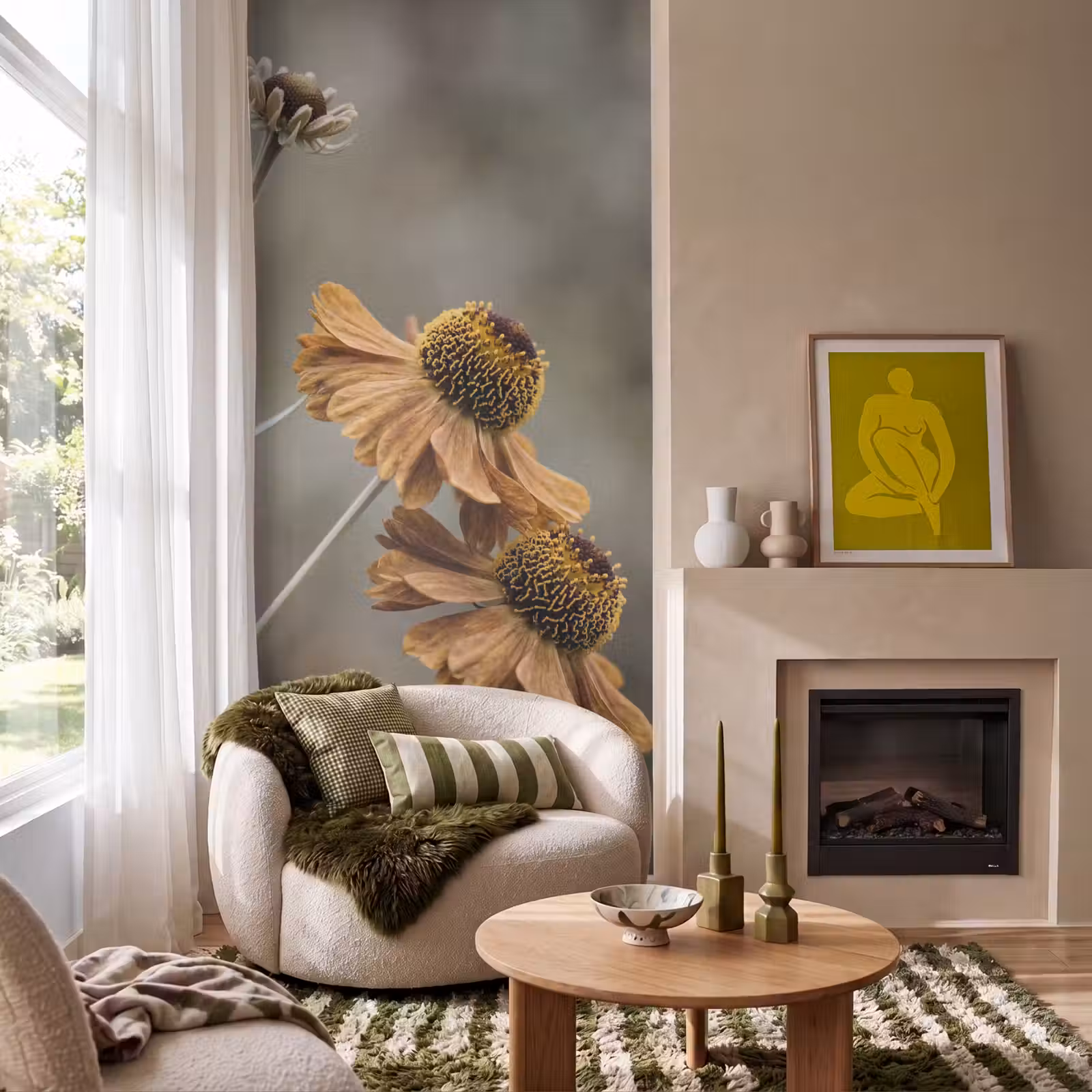 Behang - Zonnehoed - Droogbloemen - Geel - Warm — 1