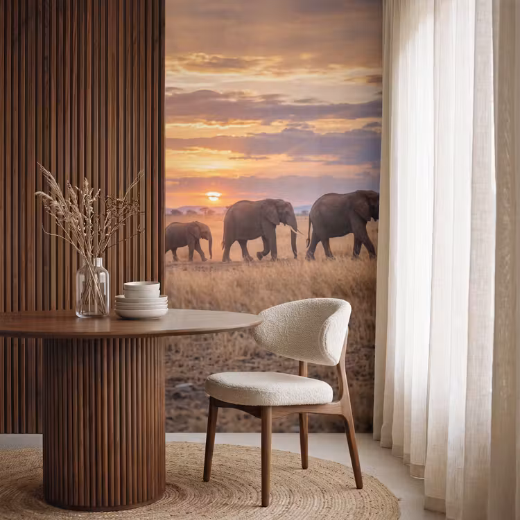 Behang - Olifanten - Savanne - Zonsondergang - Afrika - Warm — 4