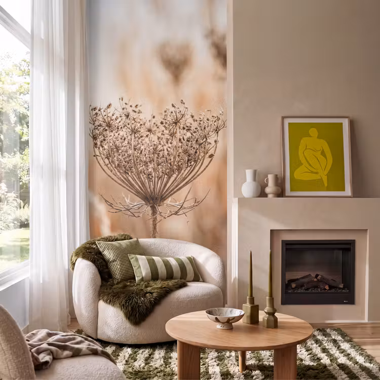 Behang - Schermbloem - Droogbloem - Winter - Beige - Minimalistisch — 1
