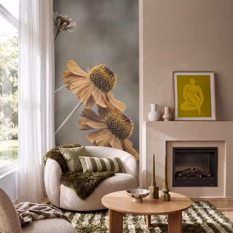 Behang - Zonnehoed - Droogbloemen - Geel - Warm — 1