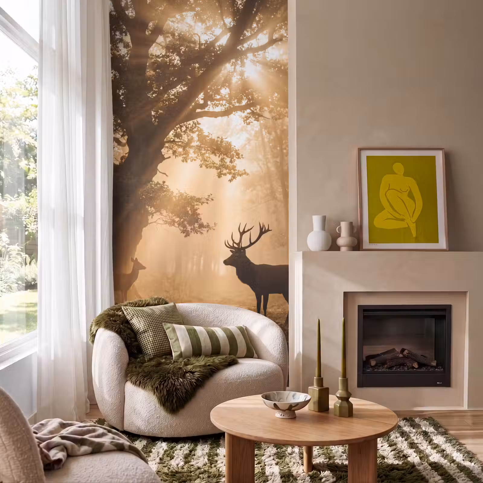 Behang - Hert - Bos - Mistig - Natuur - Goud — 1