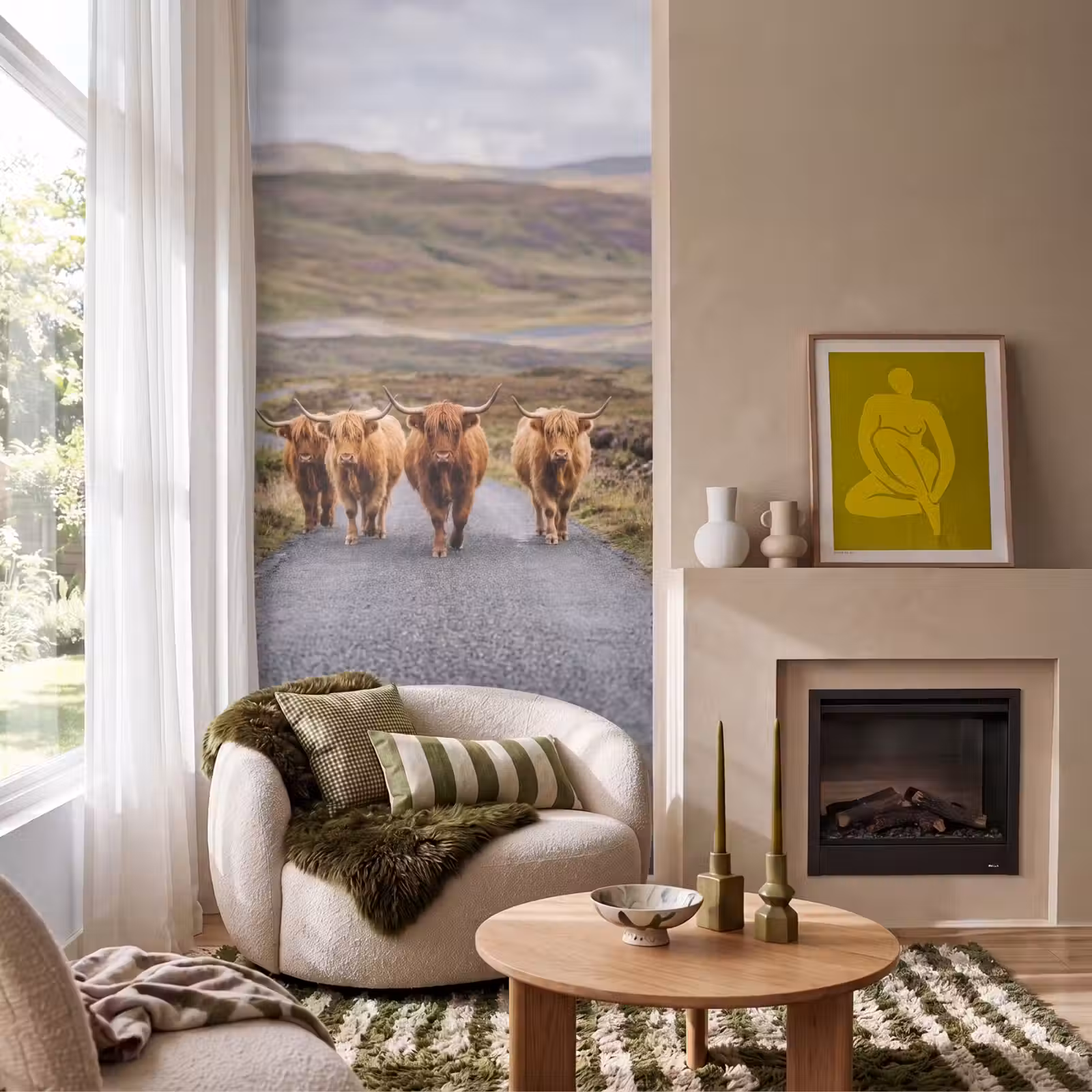 Behang - Schotse Hooglanders - Weg - Landschap - Kudde — 1