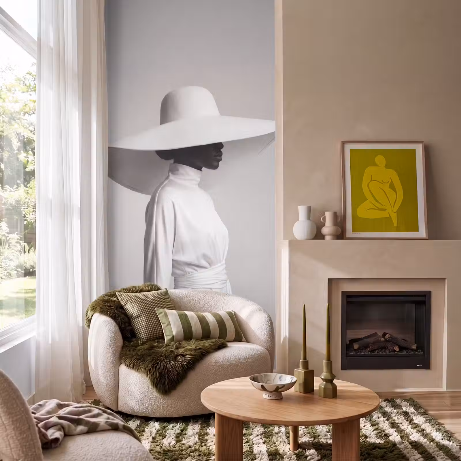 Behang - Vrouw - Profiel - Hoed - Zwart - Wit - Minimalistisch — 1