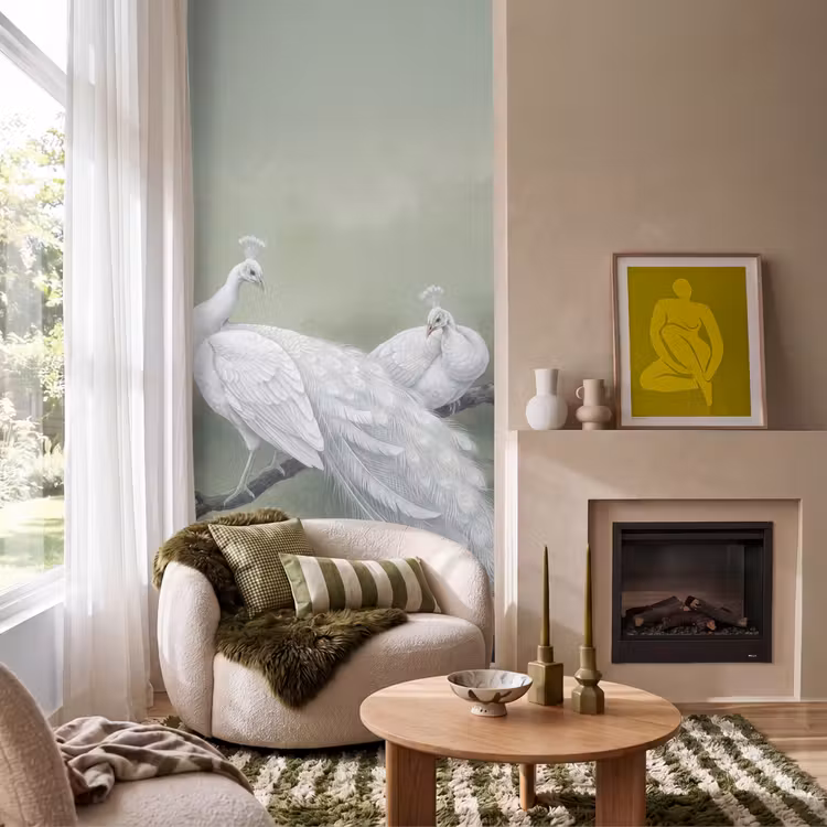 Behang - Pauwen - Wit - Natuur - Groen — 1