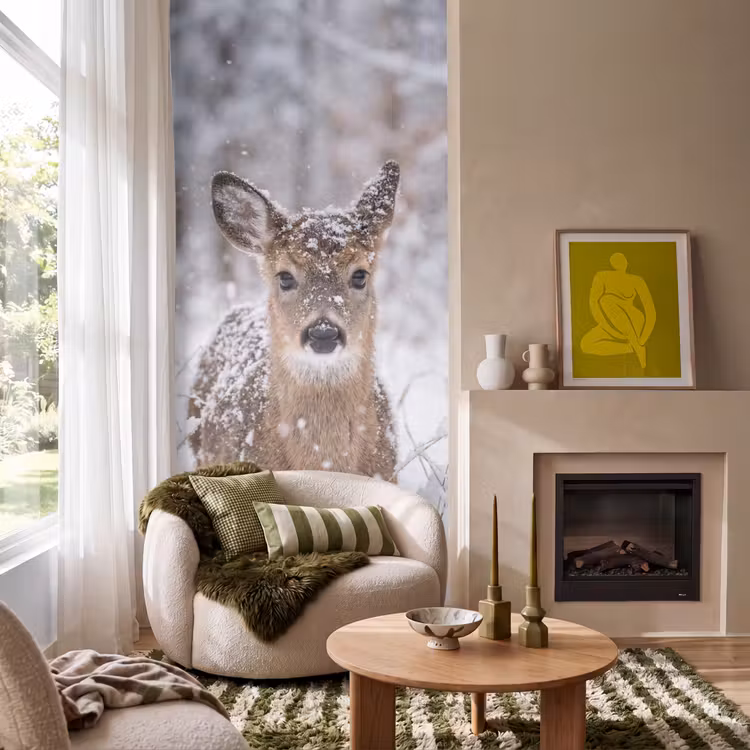 Behang - Hert - Sneeuw - Bos - Dieren - Vertederend — 1