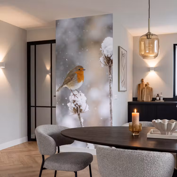 Behang - Roodborstje - Gedroogde bloem - Sneeuw - Winter - Vertederend — 5