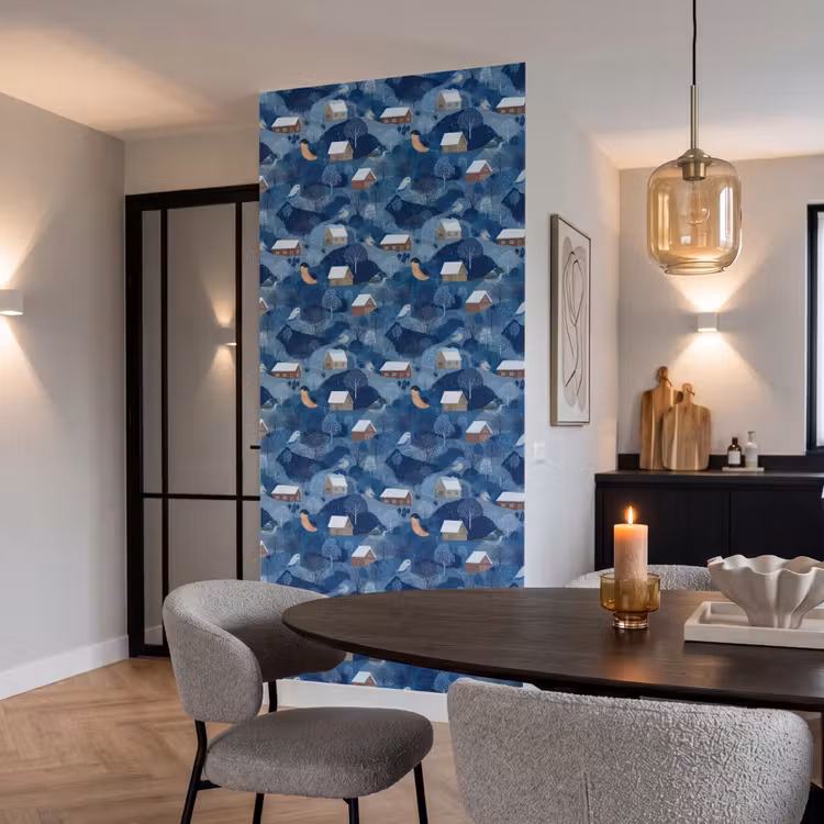 Behang - Huisjes - Vogels - Sneeuw - Winter - Blauw — 5