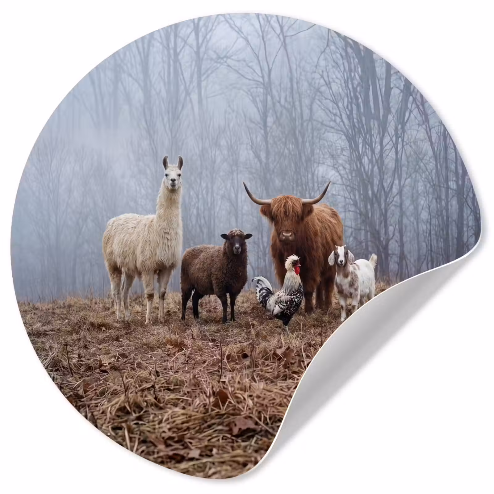 Behangcirkel - Boerderijdieren - Groep - Mist - Natuur - Rustiek — 1